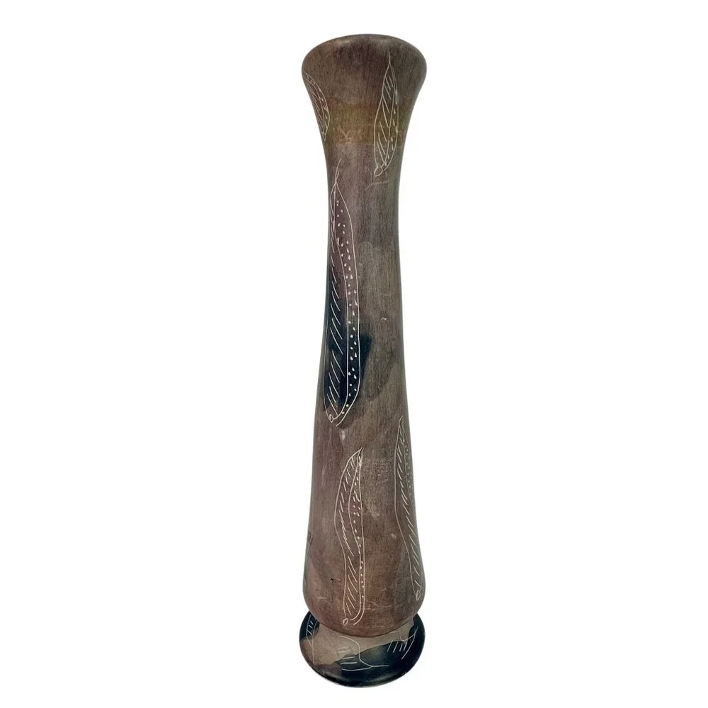 African Hand Painted Soapstone Bud Vase With Etched Leaf 10